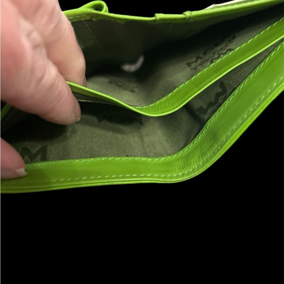 MCM Neon Green Leather Tri-Fold Wallet with Tassel - Picture 6 of 7